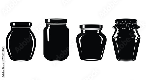 Four dark jam jars with lids isolated on food product display vector