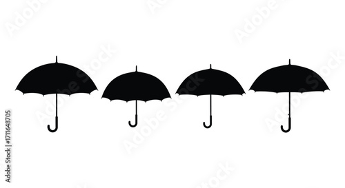 Row of four black umbrellas silhouettes against symbolizing protection and shelter vector