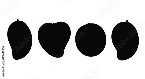 Four silhouette fruit shapes mango peach apple orange isolated fresh food vector