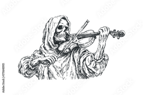 Grim Reaper figure playing violin on transparent background. Vector hand drawn illustration