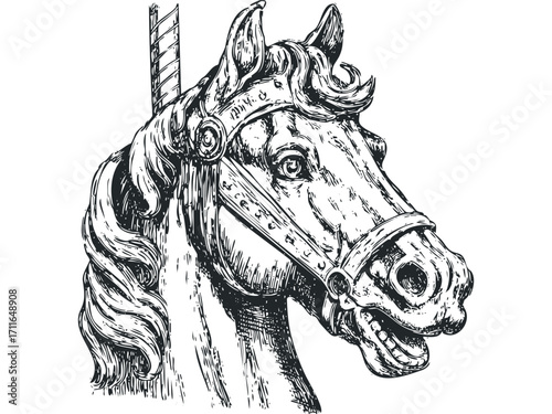 Carousel Horse Head Monochrome Sketch Transparent. Vector hand drawn illustration