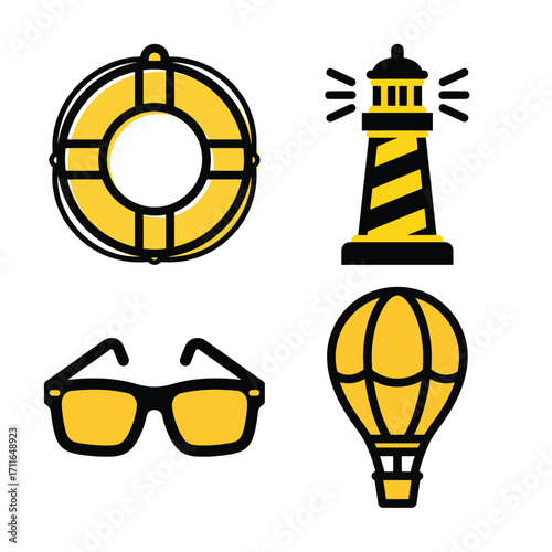 Nautical and travel icons lifesaver lighthouse sunglasses hot air balloon set