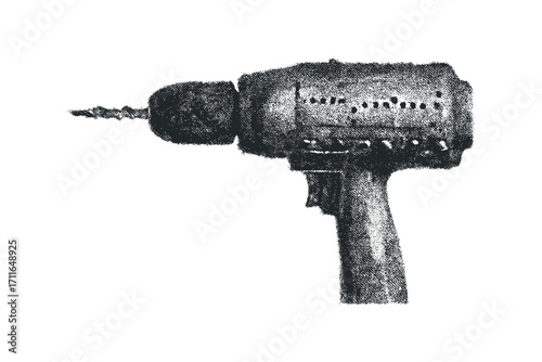 Stippled cordless drill with drill bit. Vector hand drawn illustration