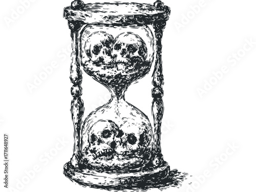 Skulls falling through an hourglass sketch, transparent. Vector hand drawn illustration