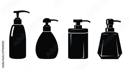 Set of four black silhouette pump dispenser bottles for soap lotion or sanitizer vector