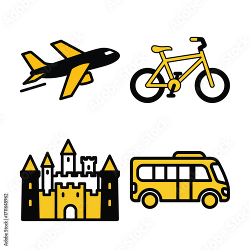 Airplane bicycle castle and bus icons representing travel and transportation modes for graphics