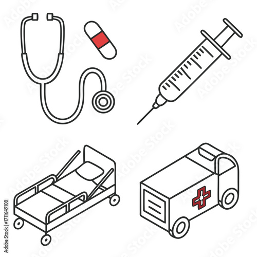 Collection of medical icons including a stethoscope syringe hospital bed ambulance and a pill on a white background