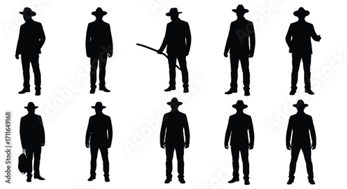 Silhouette collection of cowboy figures with various poses and accessories for western themed designs vector