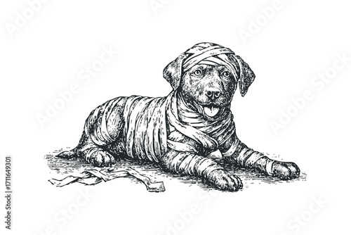 Dog wrapped in bandages lying down, on transparent background. Vector hand drawn illustration