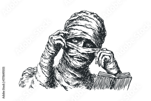 Mummy uncovers face from bandages and reads a book on transparent background. Vector hand drawn illustration
