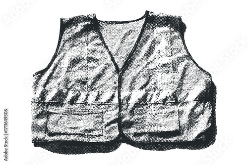 Black and white halftone textured fishing vest with pockets on transparent background. Vector hand drawn illustration