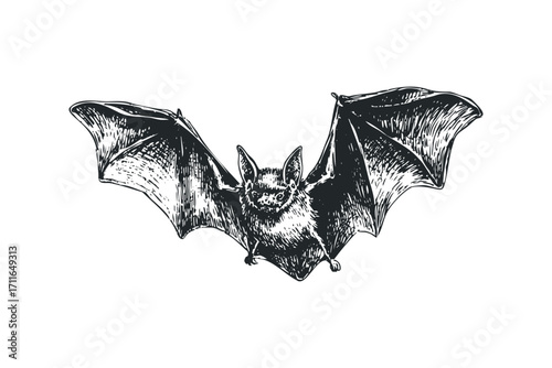 Ink drawing of a bat with outstretched wings on a transparent background. Vector hand drawn illustration