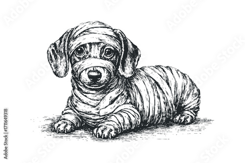 Hand drawn dachshund puppy with bandages on transparent background. Vector hand drawn illustration