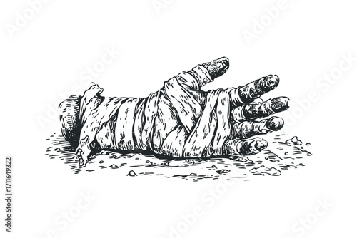 Mummy hand wrapped in bandages on transparent background. Vector hand drawn illustration