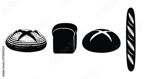 Collection of four different types of baked bread loaves artistic renderings vector