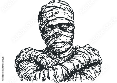 Head of ancient mummy wrapped in bandages. Vector hand drawn illustration