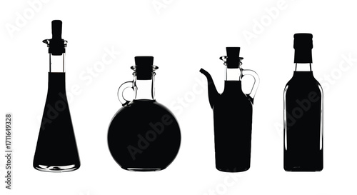 Collection of various glass bottles filled with dark liquid for culinary use vector