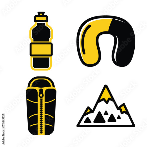 Outdoor adventure gear icons water bottle sleeping bag neck pillow mountain peak symbols