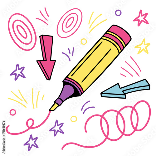 Bright yellow highlighter pen drawing a pink line surrounded by colorful doodle elements and stars on a white background