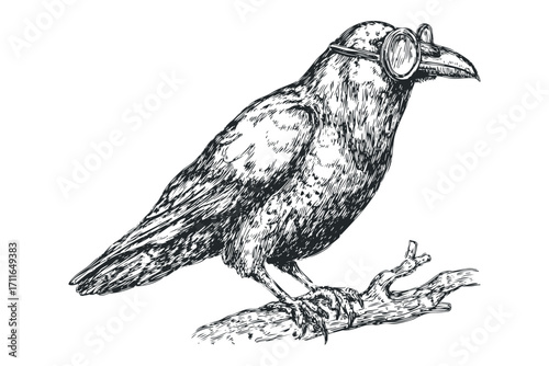 Detailed Pen Sketch of a Raven Wearing Goggles Perched on a Branch. Vector hand drawn illustration