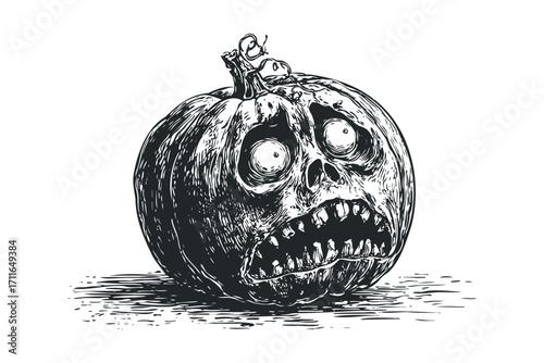 Scary carved pumpkin with a monstrous face on transparent background. Vector hand drawn illustration
