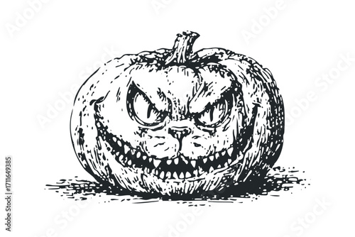 Scary carved pumpkin face in sketch style on transparent background. Vector hand drawn illustration