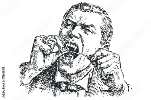 Man Flossing Teeth With Intense Expression. Vector hand drawn illustration