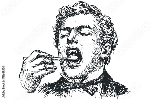Man brushing teeth with toothbrush on transparent background. Vector hand drawn illustration