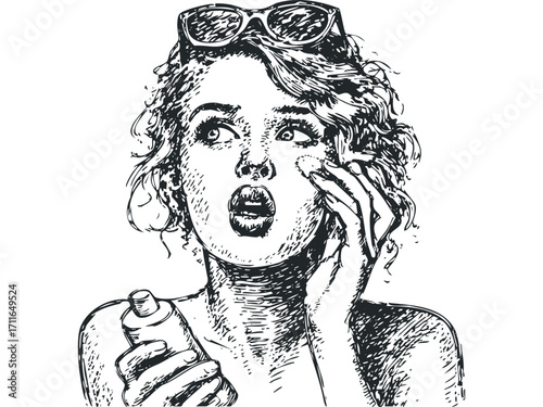 Woman applying cream on face with sunscreen bottle in hand. Vector hand drawn illustration