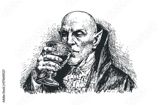Vampire sipping from ornate goblet. Vector hand drawn illustration
