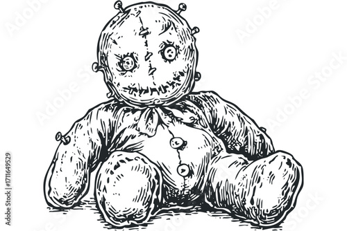 Hand drawn spooky stuffed toy with buttons on transparent background. Vector hand drawn illustration