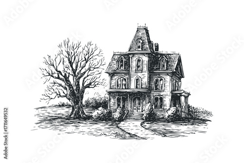 Sketch of a detailed Victorian house with a bare tree on a transparent background. Vector hand drawn illustration