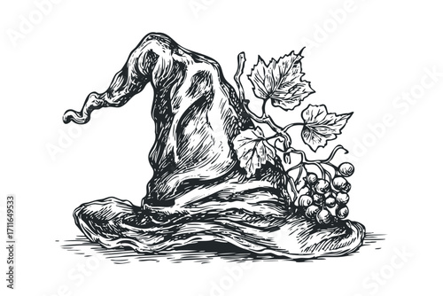 Witch hat adorned with grapes and leaves. Vector hand drawn illustration