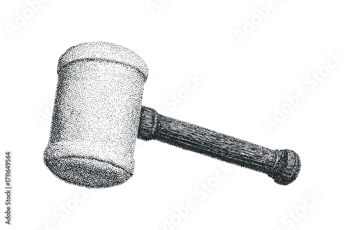 Wooden gavel stipple graphic on white. Vector hand drawn illustration