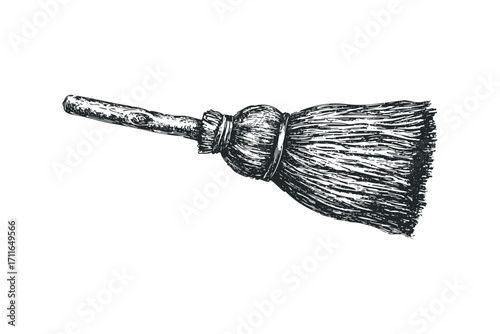 Hand drawn vintage broom transparent background. Vector hand drawn illustration