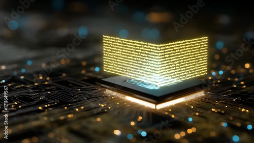A computer chip is lit up with blue and yellow lights. The chip is on a black background. Glowing AI chip with floating legal document text overlay, policy minimal conceptual dark background