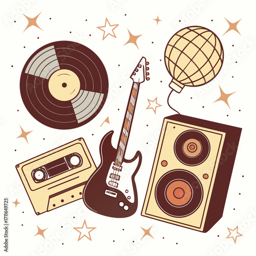 Retro music party elements including a vinyl record cassette tape electric guitar speaker and disco ball with stars and dots