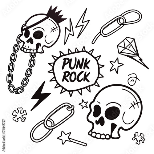 Set of hand drawn punk rock elements including skulls chains lightning bolts stars and a diamond for graphic design
