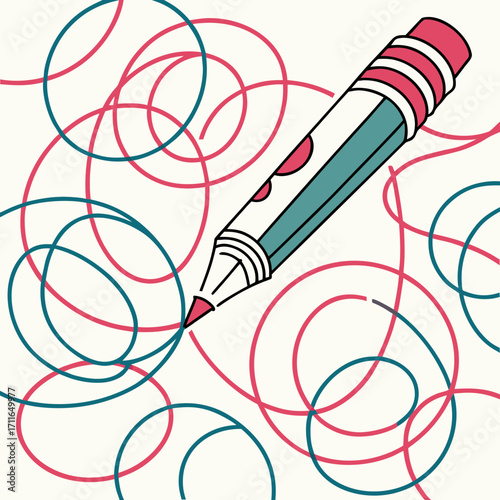 A stylized drawing of a marker creating abstract red and teal circular lines on a cream background