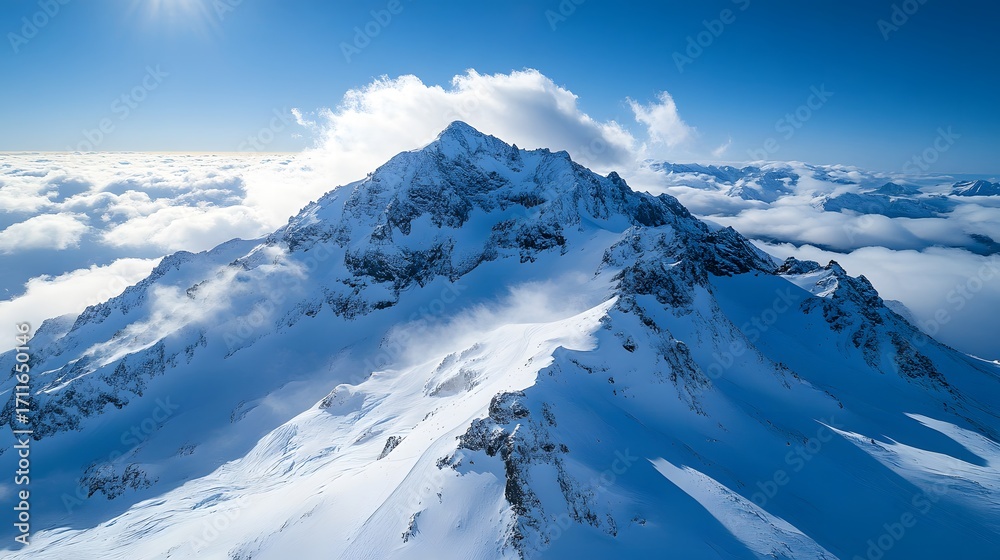 Naklejka premium Snow-covered mountain peak rises above clouds in a clear blue sky