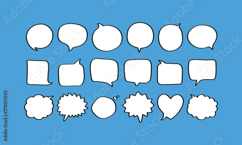 A fun, versatile set of hand-drawn speech bubbles and thought bubbles. Perfect for comics, social media, and communication designs. This vector collection includes a variety of doodle shapes