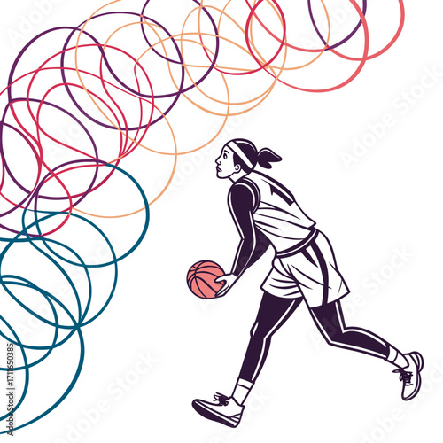 Dynamic illustration of a female basketball player dribbling a ball with colorful abstract circles in the background