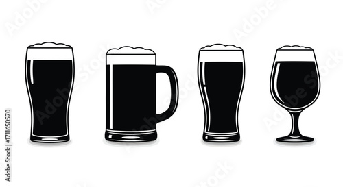 Four dark beer pints and glasses with frothy tops isolated on white surface vector