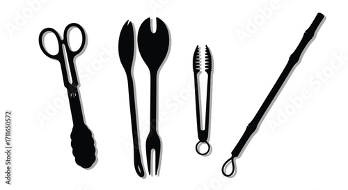 Collection of kitchen utensils silhouettes for cooking food preparation and serving vector