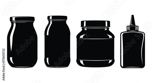 Set of four different black silhouette glass jars and bottles isolated studio shot vector