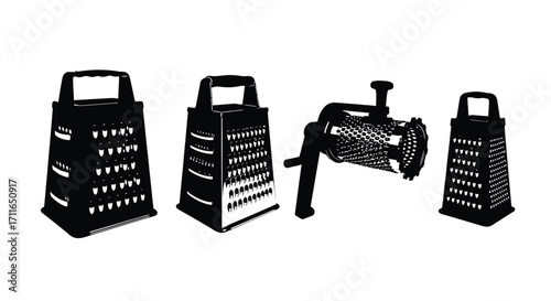 Four kitchen food graters including rotary and box style tools for food preparation vector