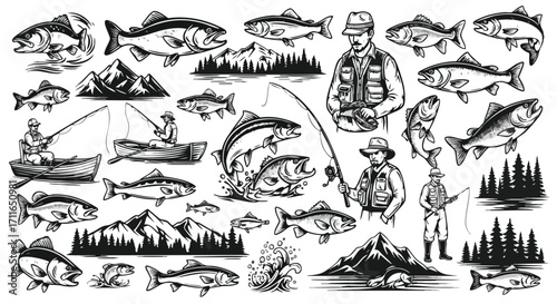 Dynamic fishing adventure scenes with diverse fish, anglers, boats, and scenic mountain landscapes