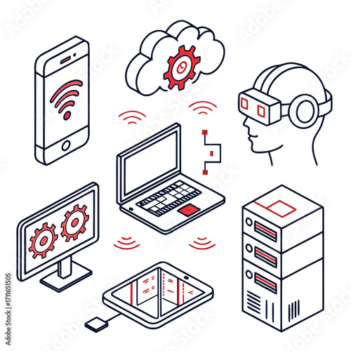 Isometric digital technology icons including smartphone cloud computing laptop vr headset monitor and server rack