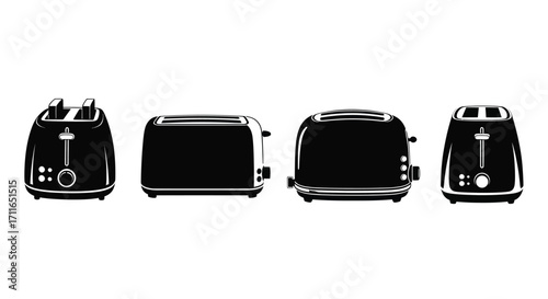 Modern kitchen appliance collection four sleek black toasters ready for toasting breakfast vector