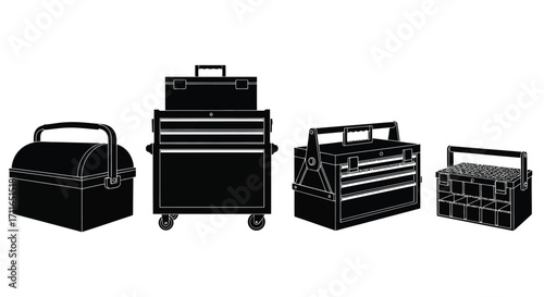 Collection of diverse industrial toolboxes and storage cabinets for workshop organization and repair vector